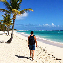 Caribbean Holidays, Barbados Backpacking, Backpacker walking along a sunny Barbados beach with a small rucksack, turquoise sea and swaying palms