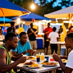 Caribbean Holidays, Barbados Backpacking, Backpackers eating Bajan street food at a lively Barbados evening market with music and warm tropical light