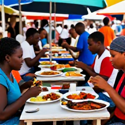 Caribbean Holidays, Barbados Backpacking, Backpackers eating fresh Bajan food at a casual Barbados street market, with grilled fish, colourful stalls and friendly locals