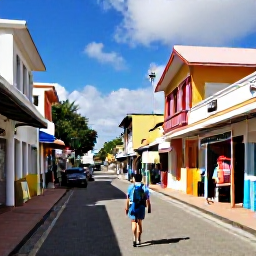Caribbean Holidays, Barbados Backpacking, Budget-conscious traveller exploring Bridgetown streets, colourful buildings, local shops and a small backpack