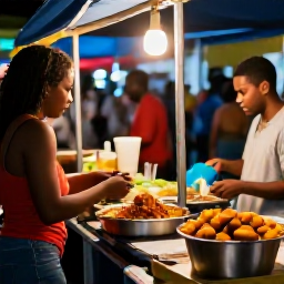 Caribbean Holidays, Barbados Backpacking, Casual Barbados street food stall serving fish cakes and local dishes at a lively evening market