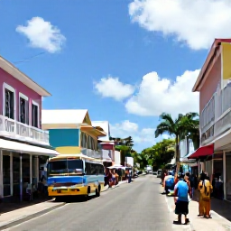 Caribbean Holidays, Barbados Backpacking, Colourful Bridgetown street scene in Barbados with historic buildings, local shops, buses and backpackers exploring