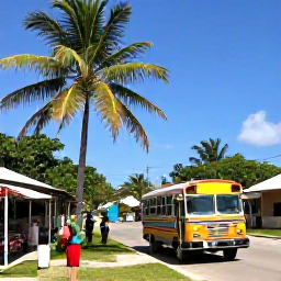 Caribbean Holidays, Barbados Backpacking, Colourful local bus travelling through a Barbados village with palm trees, roadside shops and backpackers exploring