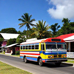 Caribbean Holidays, Barbados Backpacking, Colourful local bus travelling through a Barbados village, with roadside shops and tropical greenery