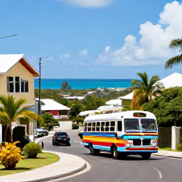 Caribbean Holidays, Barbados Backpacking, Colourful local bus travelling through a Barbados village with tropical gardens and island scenery