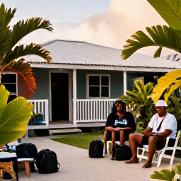 Caribbean Holidays, Barbados Backpacking, Friendly backpackers relaxing in a simple Barbados guesthouse courtyard, tropical plants, travel bags and warm evening light