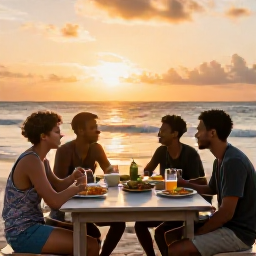 Caribbean Holidays, Barbados Backpacking, Friendly backpackers sharing food and conversation at a casual seaside table in Barbados at sunset
