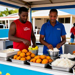 Caribbean Holidays, Barbados Backpacking, Friendly Barbados food stall serving fish cakes, flying fish, rice and local Caribbean dishes to backpackers