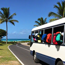 Caribbean Holidays, Barbados Backpacking, Local bus travelling along a palm-lined Barbados road beside the coast, with backpackers looking out of the windows