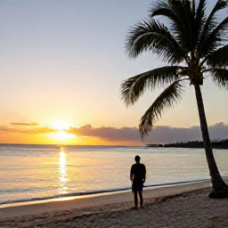 Caribbean Holidays, Barbados Backpacking, Relaxed backpacker watching a golden sunset from a quiet Barbados beach, with palm trees and calm Caribbean water