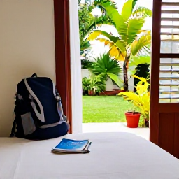 Caribbean Holidays, Barbados Backpacking, Simple Barbados guesthouse room opening onto a tropical garden, with a backpack and travel guide