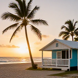 Caribbean Holidays, Barbados Backpacking, Small affordable guesthouse near a palm-fringed Barbados beach at sunset, suitable for independent backpackers