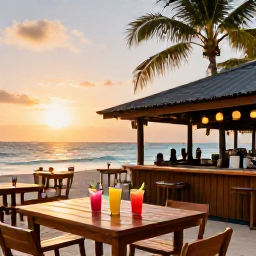 Caribbean Holidays, Barbados Beach Holidays, A relaxed Barbados beach bar at sunset with wooden tables, colourful drinks, palm trees and the Caribbean Sea in the background