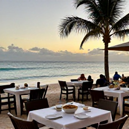 Caribbean Holidays, Barbados Beach Holidays, A relaxed beachfront restaurant in Barbados at sunset, outdoor tables, Caribbean dishes and gentle evening light
