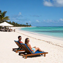 Caribbean Holidays, Barbados Beach Holidays, Couple relaxing on a calm Barbados beach with sun loungers, clear water and a small beach caf&eacute; nearby