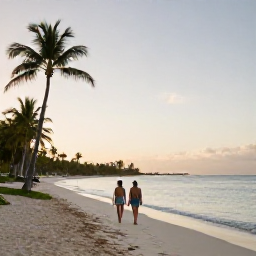Caribbean Holidays, Barbados Beach Holidays, Couple walking along a quiet Barbados beach in March, warm evening light, calm Caribbean water and palm trees