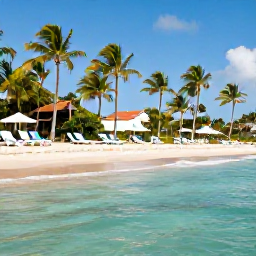 Caribbean Holidays, Barbados Beach Holidays, Family-friendly Barbados beach with calm shallow water, sun loungers and palm trees under a clear blue sky