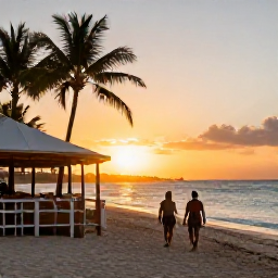 Caribbean Holidays, Barbados Beach Holidays, Golden sunset over a Barbados beach with couples walking beside the sea and a relaxed beachfront restaurant nearby