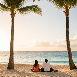 Caribbean Holidays, Barbados Beach Holidays, Happy couple relaxing on a Barbados beach at golden hour, with palm trees, calm turquoise water and soft evening light