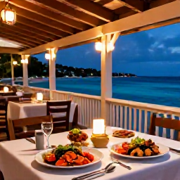 Caribbean Holidays, Barbados Beach Holidays, Outdoor evening table at a Barbados restaurant serving fresh seafood, with warm lights and a glimpse of the sea