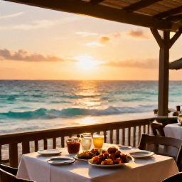Caribbean Holidays, Barbados Beach Holidays, Relaxed Barbados beach restaurant at sunset, outdoor tables, local food and golden light over the Caribbean Sea