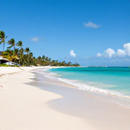Caribbean Holidays, Barbados Beach Holidays, Wide sandy beach in Barbados with turquoise Caribbean water, gently swaying palms and bright May sunshine