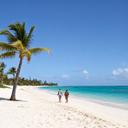 Caribbean Holidays, Barbados Beach Holidays, Wide white-sand beach on Barbados with turquoise Caribbean water, palm trees and a couple walking beside the sea