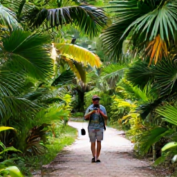 Caribbean Holidays, Barbados Birdwatching, A birder walking quietly along a shaded trail in Barbados, binoculars ready, with tropical foliage and birds overhead