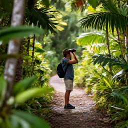 Caribbean Holidays, Barbados Birdwatching, A birdwatcher with binoculars on a quiet trail through Barbados woodland in July, surrounded by lush tropical foliage and soft morning light