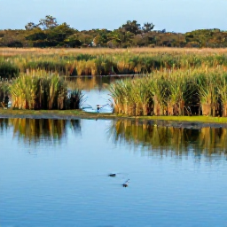 Caribbean Holidays, Barbados Birdwatching, A calm Barbados wetland with reeds, shallow water and wading birds during a bright August morning