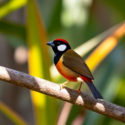 Caribbean Holidays, Barbados Birdwatching, A close view of a Barbados bullfinch perched on a sunlit branch, with tropical plants and a softly blurred Caribbean background