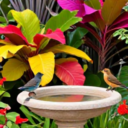 Caribbean Holidays, Barbados Birdwatching, A colourful Barbados garden in August with tropical foliage, a shallow birdbath and small native birds perched among flowers