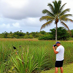 Caribbean Holidays, Barbados Birdwatching, A colourful July morning at Graeme Hall Nature Sanctuary in Barbados, with birdwatchers quietly observing tropical birds among wetland reeds and palm trees