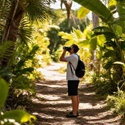 Caribbean Holidays, Barbados Birdwatching, A friendly birdwatcher using binoculars on a shaded Barbados nature trail, with tropical vegetation and warm afternoon light