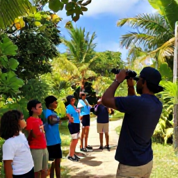 Caribbean Holidays, Barbados Birdwatching, A friendly birdwatching guide with visitors beside a tropical Barbados trail, binoculars raised towards birds in the trees