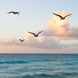 Caribbean Holidays, Barbados Birdwatching, A peaceful Barbados coastline at golden hour with seabirds flying above turquoise water, suggesting a relaxed wildlife holiday in July