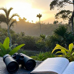 Caribbean Holidays, Barbados Birdwatching, A peaceful early morning view of tropical woodland and gardens at sunrise in Barbados, with binoculars and a field guide ready for birdwatching
