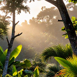 Caribbean Holidays, Barbados Birdwatching, A peaceful sunrise scene at Barbados Wildlife Reserve, with green woodland, tropical plants and colourful Caribbean birds perched among the trees