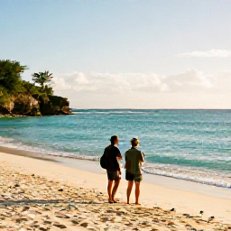 Caribbean Holidays, Barbados Birdwatching, A relaxed couple birdwatching beside a quiet Barbados beach after an early wildlife walk, with turquoise sea and warm sunshine