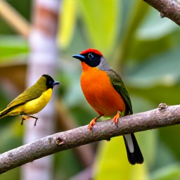 Caribbean Holidays, Barbados Birdwatching, Barbados bullfinch and bananaquit perched on branches in a lush tropical garden