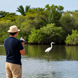 Caribbean Holidays, Barbados Birdwatching, Barbados Wetlands Reserve with a birdwatcher observing herons, egrets and tropical birds among mangroves and calm water