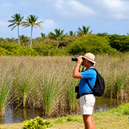 Caribbean Holidays, Barbados Birdwatching, Birdwatcher exploring a quiet Barbadian wetland with binoculars, surrounded by reeds, palms and green vegetation