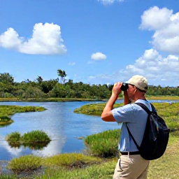 Caribbean Holidays, Barbados Birdwatching, Birdwatcher using binoculars beside a quiet wetland in Barbados with tropical vegetation and blue sky