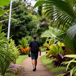 Caribbean Holidays, Barbados Birdwatching, Birdwatcher walking through lush gardens and woodland at Welchman Hall Gully, Barbados