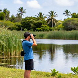 Caribbean Holidays, Barbados Birdwatching, Birdwatcher with binoculars beside a tranquil Barbados wetland surrounded by reeds and tropical vegetation