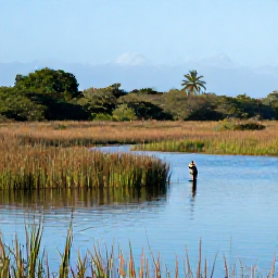 Caribbean Holidays, Barbados Birdwatching, Birdwatchers beside a calm wetland in Barbados, with reeds, shallow water and tropical trees under a clear morning sky