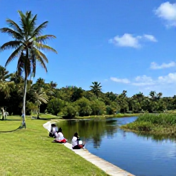 Caribbean Holidays, Barbados Birdwatching, Birdwatchers exploring a peaceful Barbados wetland with palms and tropical vegetation
