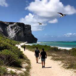 Caribbean Holidays, Barbados Birdwatching, Birdwatchers walking along a quiet Barbados coastal trail in May, with turquoise sea, limestone cliffs and seabirds overhead