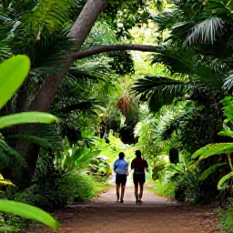 Caribbean Holidays, Barbados Birdwatching, Birdwatchers walking quietly through the lush grounds of Welchman Hall Gully in Barbados, looking into the tropical canopy