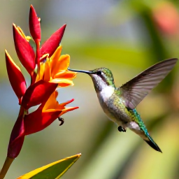 Caribbean Holidays, Barbados Birdwatching, Close-up view of a Barbados hummingbird feeding from a bright tropical flower in a sunny garden
